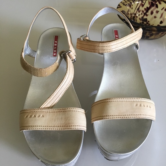 Prada Tan and Silver Wedge Sandals - Picture 3 of 8